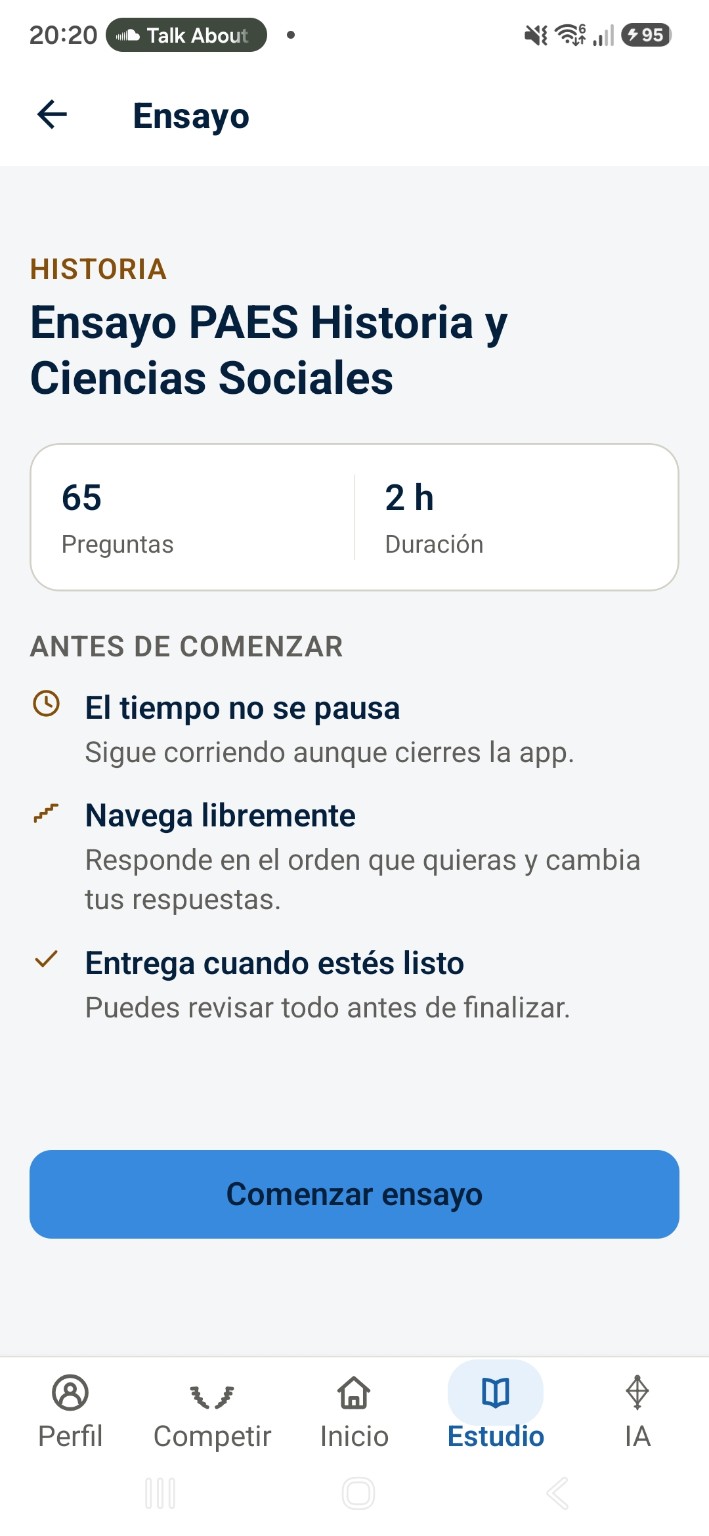 Captura de la pantalla previa a un ensayo de ZETRYND, mostrando número de preguntas y duración