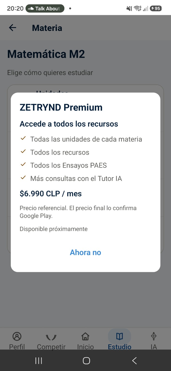 Captura del paywall de ZETRYND Premium dentro de la app